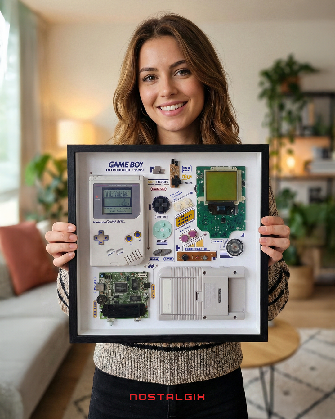 Shadowbox Game Boy detalle: pantalla, D-pad y botones del Game Boy original DMG enmarcados sobre fondo negro