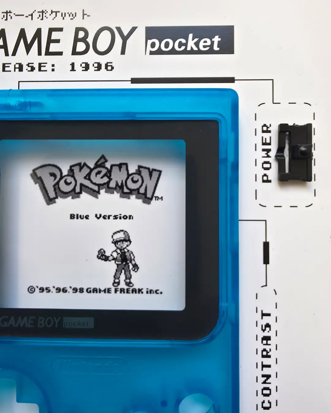 Shadowbox Game Boy Pocket detalle 1: pantalla, D-pad y cartucho azul de Pokémon Blue enmarcados