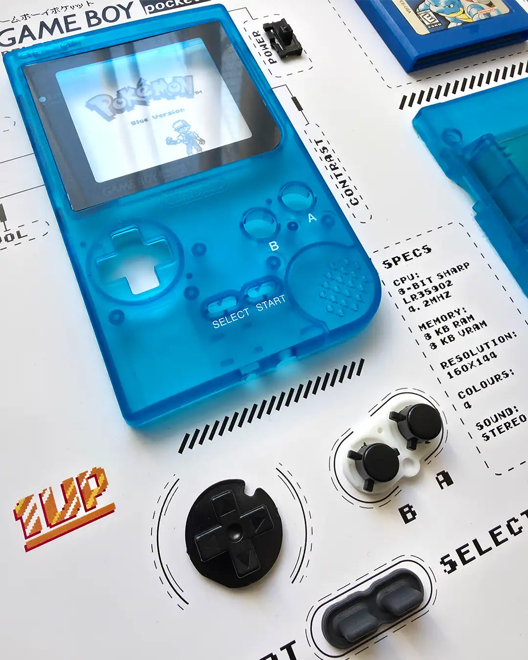 Shadowbox Game Boy Pocket detalle 3: ensamblaje manual del Game Boy Pocket dentro del marco con mica