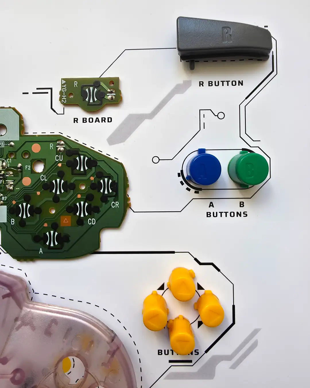 Shadowbox N64 detalle de componentes: joystick analógico, gatillos y placa del control Nintendo 64 desarmado