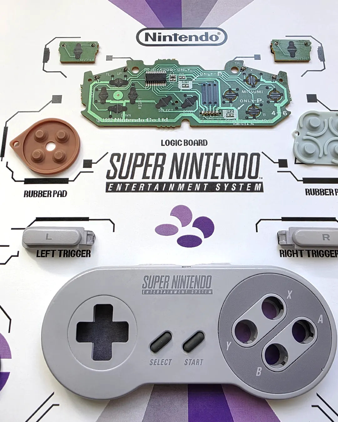 Shadowbox SNES detalle 1: componentes internos del control Super Nintendo enmarcados sobre fondo negro