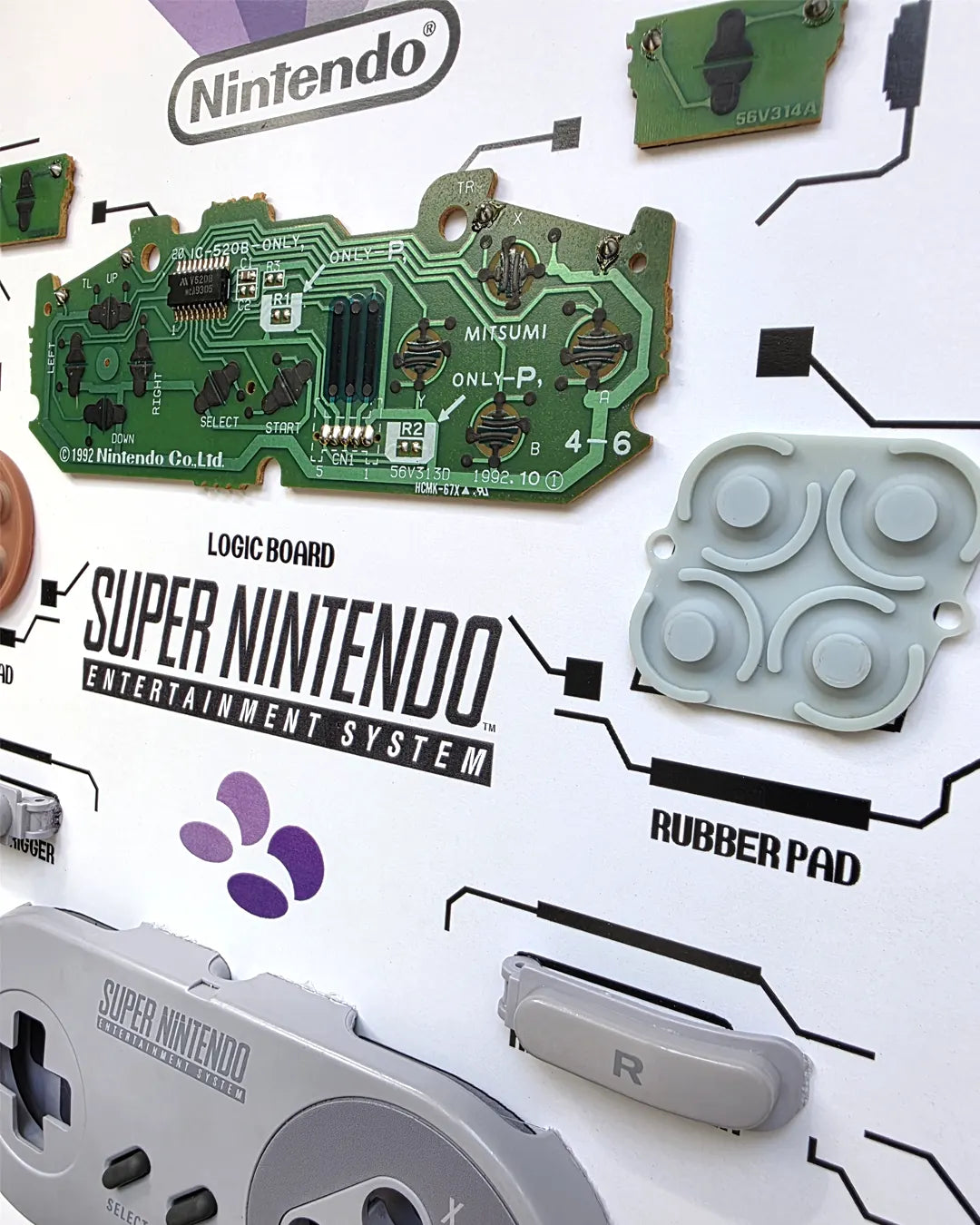 Shadowbox SNES en contexto: pieza de exhibición colgada en pared de setup gamer adulto