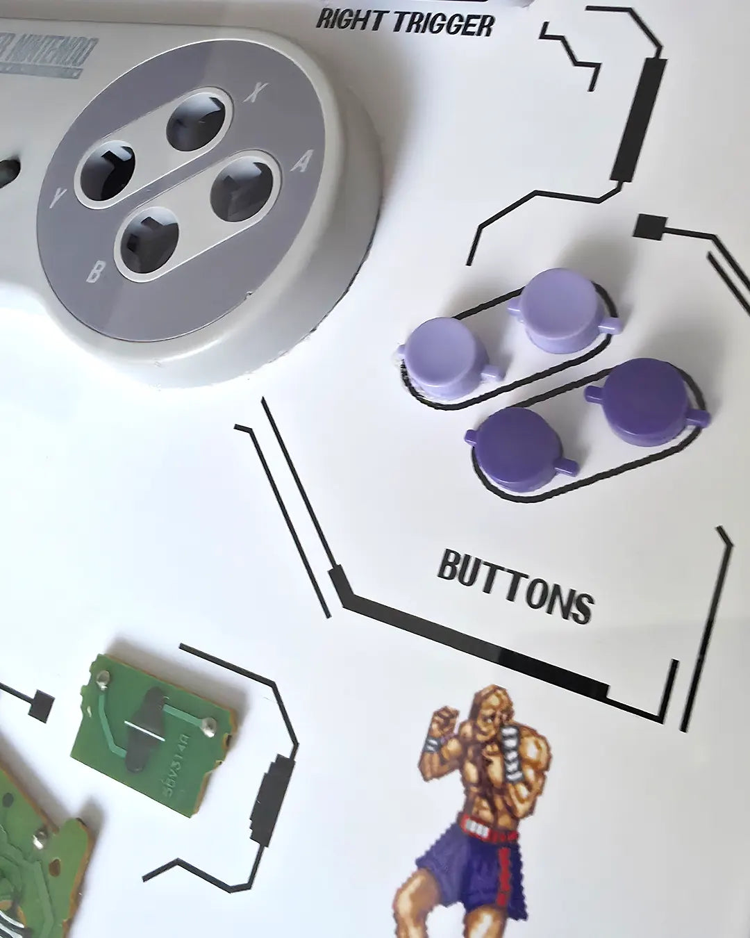 Shadowbox Control SNES + Street Fighter II en contexto: pieza colgada en pared de setup gamer