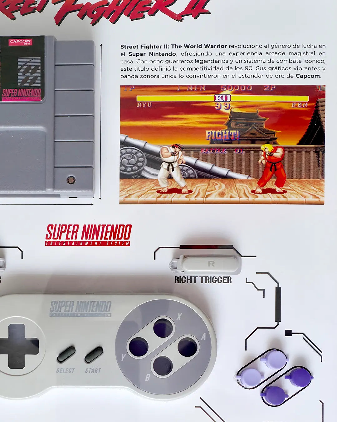Shadowbox Control SNES + Street Fighter II detalle 1: componentes internos del control SNES y cartucho enmarcados