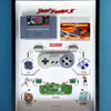 Shadowbox Control SNES + Street Fighter II vista frontal: control SNES desarmado junto al cartucho original de Street Fighter II en marco premium Nostalgix